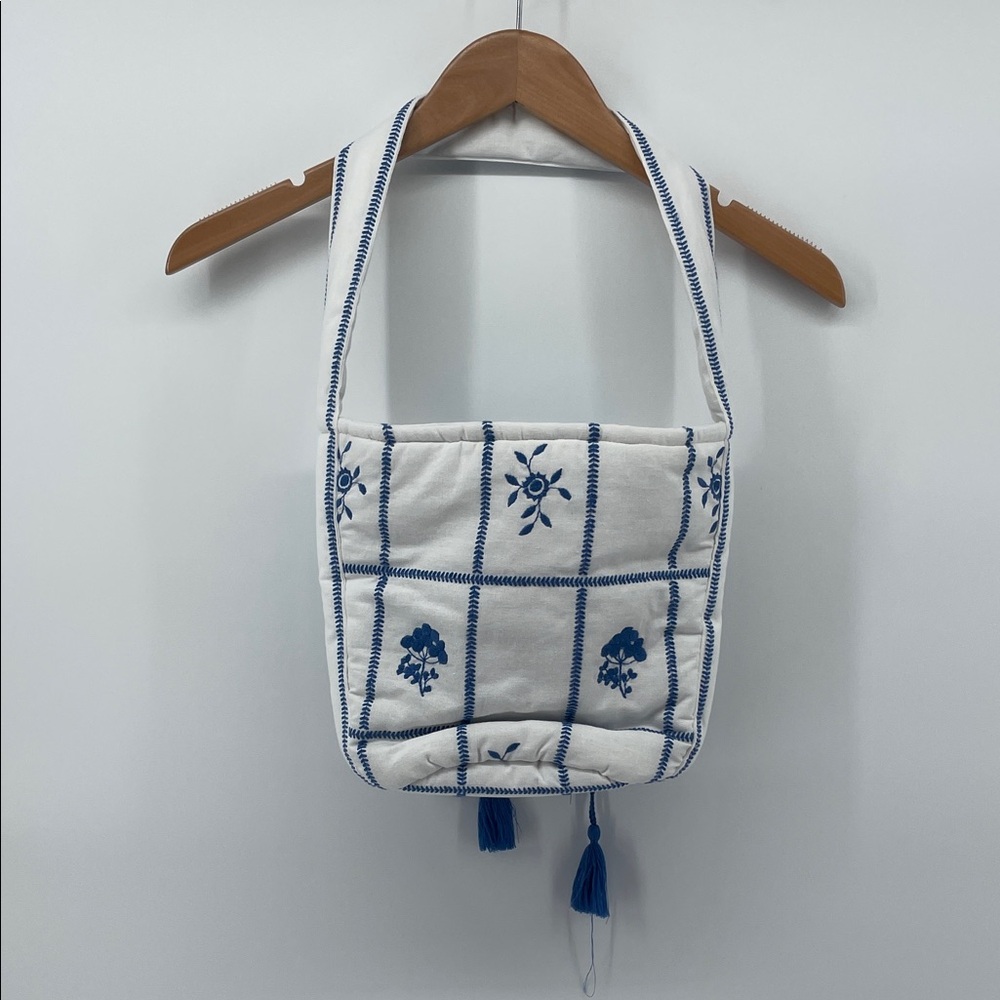 Sezane Mini Tote Bag in Ecru and Blue A15 - Picture 1 of 9